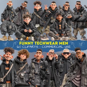 Könnte beinhalten: Eine Sammlung von männlichen Zeichentrickfiguren in dunkler Techwear-Kleidung, bestehend aus Kapuzenpullovern, taktischen Westen und Cargohosen. Das Bild enthält den Text FUNNY TECHWEAR MEN 60 CLIPARTS - COMMERCIAL USE in Gelb und Weiß.