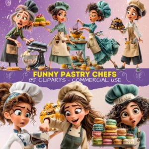 Può includere: Un'illustrazione digitale con diversi chef pasticceri dei cartoni animati in varie attività di cottura. L'immagine include il testo "FUNNY PASTRY CHEFS - 85 CLIPARTS - COMMERCIAL USE".
