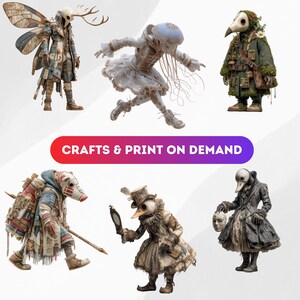 May include: A collection of six fantastical figures, each with unique costumes and masks. The figures include a winged creature, a jellyfish-like dancer, and a figure adorned with flowers. The image includes the text "CRAFTS & PRINT ON DEMAND".