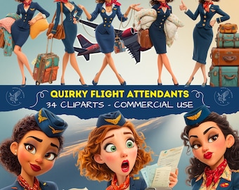 Quirky Flight Attendant Clipart, Quirky Funny Girls in 3D Style, Cabin Crew Cliparts, Commercial Use