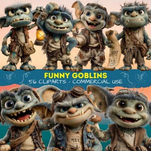 May include: A collection of cartoon goblins with blue skin, large ears, and various accessories. Some goblins hold a lantern, a scroll, or a mushroom. The image includes the text "FUNNY GOBLINS" and "56 CLIPARTS - COMMERCIAL USE".