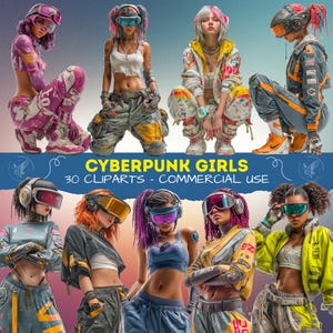 Premium cyberpunk character clipart in PNG , dystopian girl and man in cyber style, futuristic, neon-glowing, high-tech illustrations