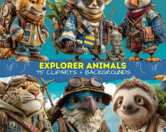 Schattige ontdekkingsreiziger dieren clipartcollectie + achtergrond |  Grillige en leuke tekenfilmploeg | Schattige reizigersdieren png-afbeeldingen