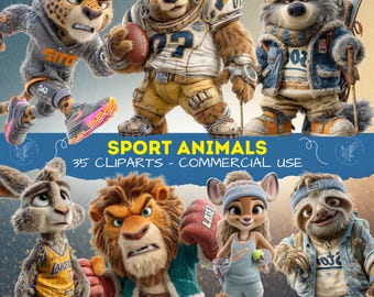 Funny Sport Animals Cliparts: Cartoon PNG Images for Scrapbooking (Digital Download), Pet Cliparts - Clipart for Commercial Use
