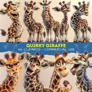 Puede incluir: Una colección digital de ilustraciones de jirafas con diversas expresiones y poses. El texto QUIRKY GIRAFFE 46 CLIPARTS - COMMERCIAL USE se muestra en amarillo y blanco sobre una banda azul en el centro de la imagen.