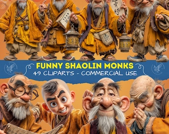 Funny Shaolin Monk Clipart Set, Cartoon Monks for Stickers, Prints, Scrapbooking, Martial Arts Cliparts PNG, Silly Character China Cliparts