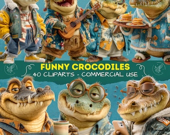 Funny Crocodile Cliparts: Cartoon PNG Images for Scrapbooking (Digital Download), Animal Cliparts - Clipart for Commercial Use