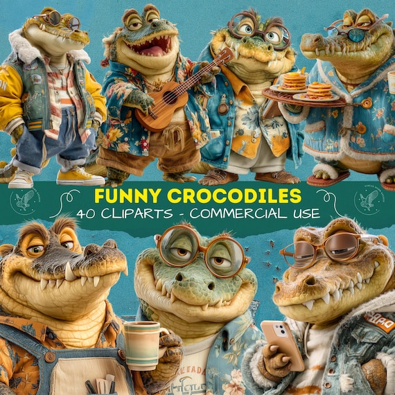 Funny Crocodile Cliparts: Cartoon PNG Images for Scrapbooking (Digital Download), Animal Cliparts - Clipart for Commercial Use