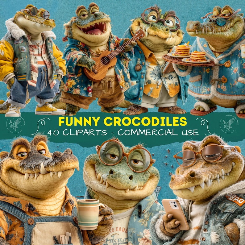 Op de afbeelding: Een digitale illustratie met verschillende cartoonkrokodillen in verschillende outfits, waaronder jassen en Hawaiiaanse shirts. De afbeelding bevat de tekst "FUNNY CROCODILES" en "40 CLIPARTS - COMMERCIAL USE". De krokodillen dragen brillen en hebben mensachtige trekken.