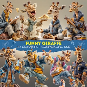 Funny Giraffe Clipart: Cartoon PNG Images for Scrapbooking (Digital Download), Animal Cliparts, Quirky Pet for Stickers, Junk Journal