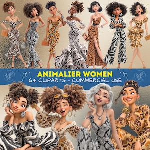 Könnte beinhalten: Digitale Illustration von neun Frauen in Outfits mit Tiermuster. Die Outfits zeigen Zebra-, Leoparden- und Schlangenmuster. Die Frauen sind in verschiedenen Posen. Der Text "ANIMALIER WOMEN 64 CLIPARTS - COMMERCIAL USE" ist enthalten.
