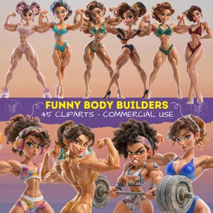 Puede incluir: Una colección digital de diez figuras de dibujos animados estilizadas de personas musculosas en varias poses, vistiendo bikinis y ropa deportiva colorida. El texto dice: FUNNY BODY BUILDERS 45 CLIPARTS - COMMERCIAL USE. Las figuras muestran grupos musculares definidos.