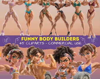 Funny Body Builder Girls Clipart Bundle, Strong Women PNG, Muscle Girl Graphics, Fitness Cartoon, Scrapbooking, Junk Journal Fitness Women