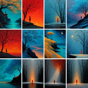 May include: A collection of eight landscape paintings. Each painting features a solitary figure in a red coat standing near a tree. The backgrounds vary with vibrant colors, including orange, blue, and yellow, with starry skies and water features.