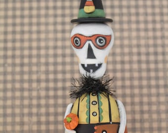 HALLOWEEN HANDMADE DECORATION/Wood and Clay Skelly Man/Folk Art Collectible