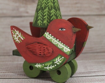 CHRISTMAS BIRD COLLECTIBLE/Red Bird Cart with Tree/Holiday Decoration