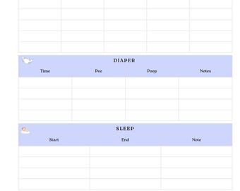 May include: A printable newborn daily log with sections for feeding, diaper changes, and sleep. Includes space to record time, method, amount, and notes for feeding. Also has sections for diaper details and sleep start and end times. Features a section for daily notes.