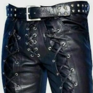 Men’s Black Leather Pants – Gothic Rock Steampunk Trousers – Handmade Punk Biker Clubwear Costume