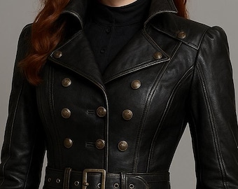 May include: Black leather coat with a double-breasted design, featuring multiple bronze-colored buttons and a matching belt. The coat has a tailored fit, long sleeves, and a flared skirt, creating a classic and elegant silhouette.