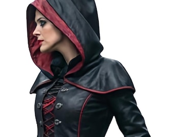 Gothic Hooded Leather Trench Coat Steampunk Corset Victorian Witch Style Jacket Assassin Outfit