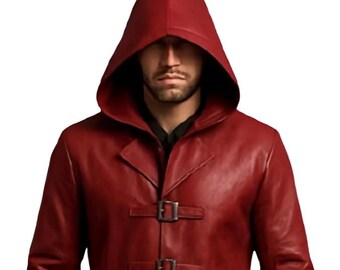 Steampunk Red Leather Trench Coat: Gothic Cosplay Assassin Style Jacket Hooded Cosplay Outift
