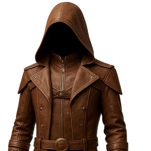 Steampunk Brown Leather Trench Coat with Hood: Gothic Cosplay Jacket