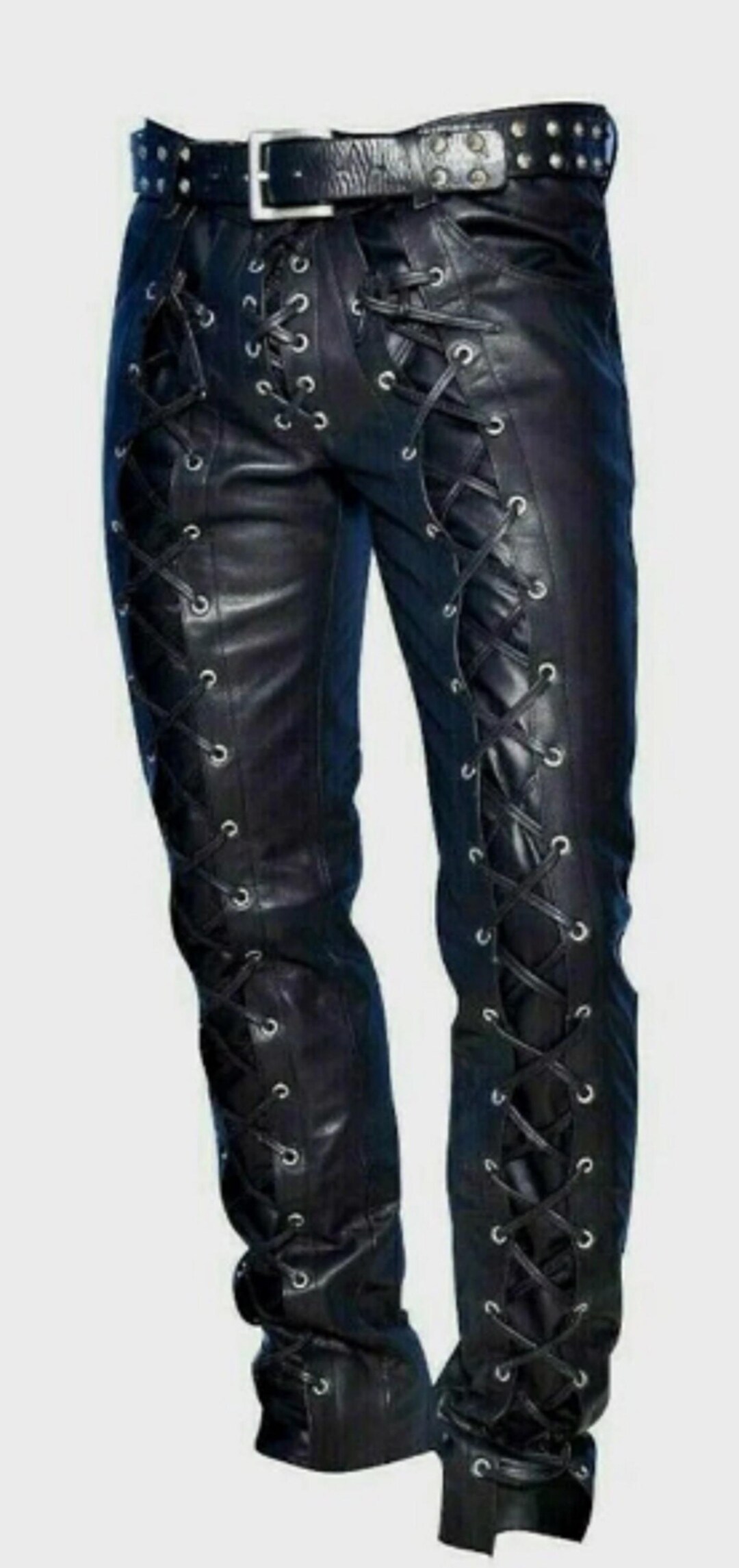 Men's Black Leather Lace-up Pants: Gothic Punk Biker Leather Trousers ...