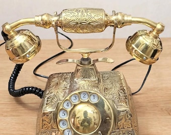 Ornate Brass Telephone | Engraved Victorian Style Rotary Dial Phone | Vintage Cradle Desk Phone | Antique Look Decor