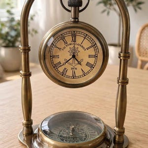May include: A brass-toned metal desk clock and compass set featuring an arched frame. The clock face displays Roman numerals, the text "VICTORIA LONDON," and the year "1876" with a ship wheel graphic. A circular compass sits at the base.