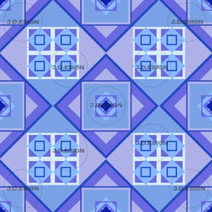 Könnte beinhalten: Ein sich wiederholendes geometrisches Muster in Blau- und Hellvioletttönen. Das Design besteht aus großen Rauten, die kleinere Quadrate und ineinander verschachtelte Rautenformen enthalten. Der Text J.D.DESIGN ist an mehreren Stellen überlagert.