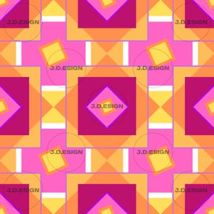 Könnte beinhalten: Ein sich wiederholendes geometrisches Muster mit Quadraten und Rauten in Magenta, leuchtendem Pink, Orange und Gelb. Das Design enthält weiße vertikale Balken und den Text J.D.ESIGN, der in kreisförmigen Überlagerungen wiederholt wird.