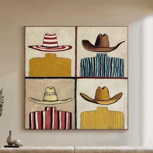 May include: A large square painting featuring four panels, each with a hat above a solid-colored torso. The hats are a mix of styles and colors, including a red and white striped hat, a brown cowboy hat, and a yellow hat.