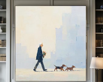 Hand-Painted Dachshunds Canvas Art, Modern Dog Walker Painting