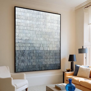Grande tela abstrata azul e branca - pintura com textura 3D
