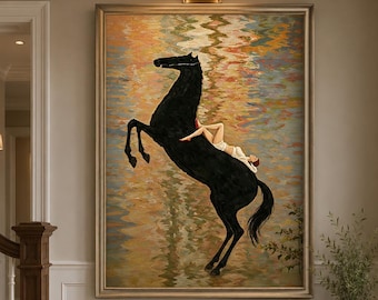 Hand Painted Black Horse Painting, Equestrian Wall Art, Woman on Horse Canvas, Dramatic Farmhouse Statement Art
