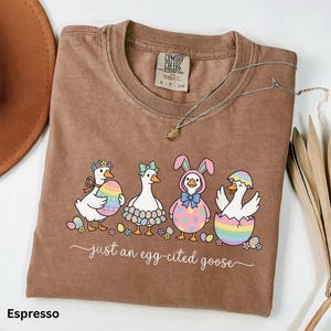 May include: Espresso-colored t-shirt featuring a whimsical design of four geese dressed for Easter. The geese are adorned with Easter eggs, bonnets, and bunny ears. The text "just an egg-cited goose" is written below the geese.