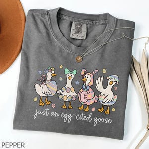May include: A gray t-shirt featuring an Easter-themed graphic of four geese dressed in Easter egg and bunny costumes. The text "just an egg-cited goose" is written in cursive. A silver necklace with a pendant is also visible.