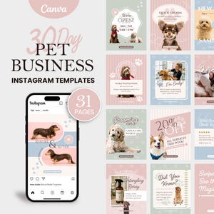 以下が含まれることがあります： ペットビジネス向けのInstagramテンプレートのコレクション。ピンクとグリーンの配色で、犬の写真、テキスト、スマートフォンのモックアップが特徴です。テンプレートには、グルーミングのヒント、特別オファー、ビフォーアフターの写真が含まれています。