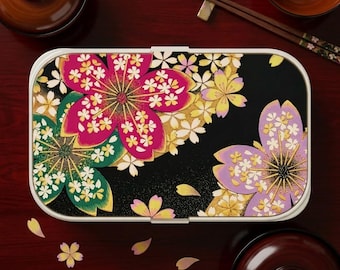Sakura Bento Lunch Box with Cutlery – Japanese Obi Inspired Floral Design, Wooden Lid