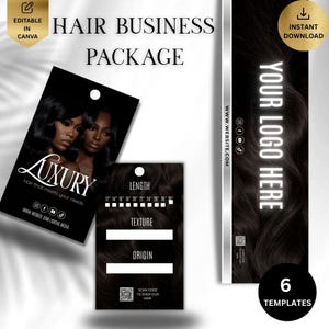 Może przedstawiać: Czarno-biały pakiet biznesowy do włosów z tekstem "Hair Business Package" i "Luxury". Pakiet zawiera szablony do przedłużania włosów. Szablony zawierają miejsce na długość, teksturę i pochodzenie. Zawiera kod QR do kupowania włosów.