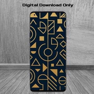 May include: A smartphone displaying a navy blue and gold geometric pattern wallpaper. The phone's screen features triangles, circles, and other shapes. Text on the image reads: "Wallpaper for android phone, 1644 x 3840 px | High Resolution, Digital Download Only, tak pixel studio."