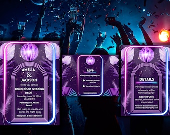 Boho Disco Wedding Invitation Set – Neon Party Editable Template