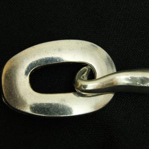 Könnte beinhalten: Nahaufnahme eines silberfarbenen Metallketten-Glieds vor schwarzem Hintergrund. Das Glied ist oval geformt und hat ein gebogenes Verbindungsstück. Das Metall hat eine polierte, reflektierende Oberfläche.