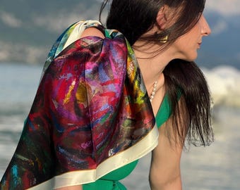 Colorful Mulberry Silk Square Scarf – original artwork  floral head scarf (66cmx66cm), pure silk neck scarf, head bandana