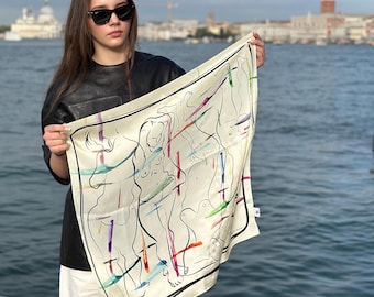 Mulberry Silk Scarf: Unique Women's Dance Art, Original Drawing , 66x66cm (26x26")
