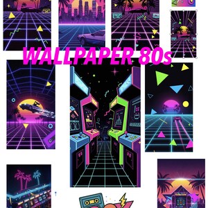 Può includere: Una collezione di arte digitale a tema retrò anni '80 con colori neon vibranti, forme geometriche e paesaggi urbani. I disegni includono cabinati arcade, palme e un motivo a griglia, con il testo "WALLPAPER 80s".