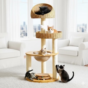 May include: A multi-level cat tree with woven baskets and scratching posts. Three cats are resting on the different levels. A kitten plays with a toy at the base, while another cat sharpens its claws on a post. The cat tree is made of wood and rope.