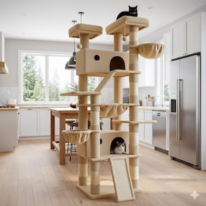 May include: A beige cat tree with multiple levels, platforms, and scratching posts. A black cat sits atop the highest platform, while a gray and white cat rests inside a cubby. The cat tree includes a ramp, hammock, and hanging toys.