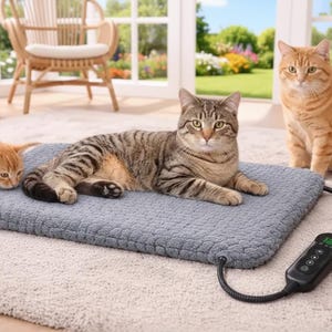 May include: A gray heated pet bed with a digital control panel is shown with three cats. One cat is lying on the bed, and two others are nearby. The cats are various shades of orange and brown.