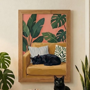 Black Cat Wall Art Print | Cozy Mid Century Botanical Illustration, Tropical Plant Decor Poster, Modern Boho Living Room Bedroom Art